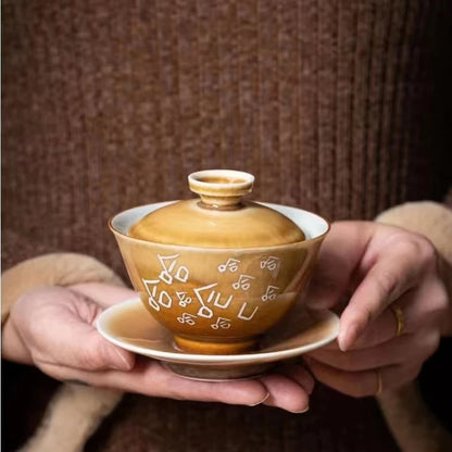 porcelain gaiwan handpainted Chinese words written tureen ceramic covered bowl saucer coaster lid master Sancai bowl 165ml new