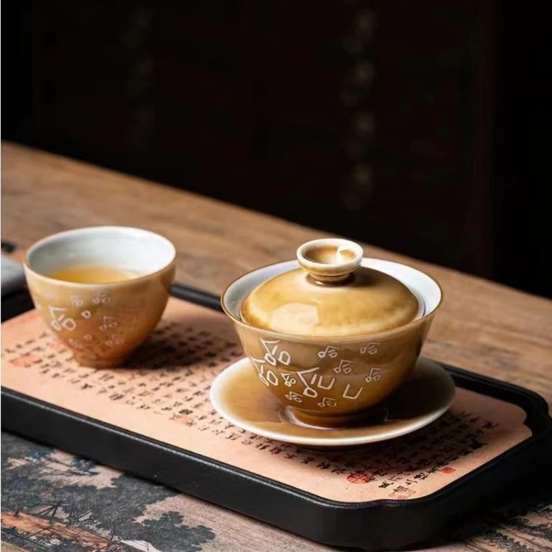 porcelain gaiwan handpainted Chinese words written tureen ceramic covered bowl saucer coaster lid master Sancai bowl 165ml new