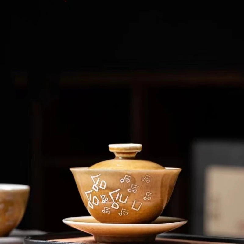 porcelain gaiwan handpainted Chinese words written tureen ceramic covered bowl saucer coaster lid master Sancai bowl 165ml new