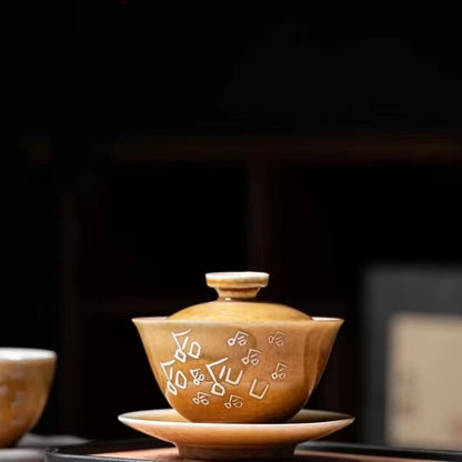 porcelain gaiwan handpainted Chinese words written tureen ceramic covered bowl saucer coaster lid master Sancai bowl 165ml new