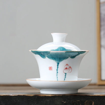 porcelain gaiwan handpainted lotus tureen China Jingdezhen cup saucer bowl under-glaze craft health care lead free bowls