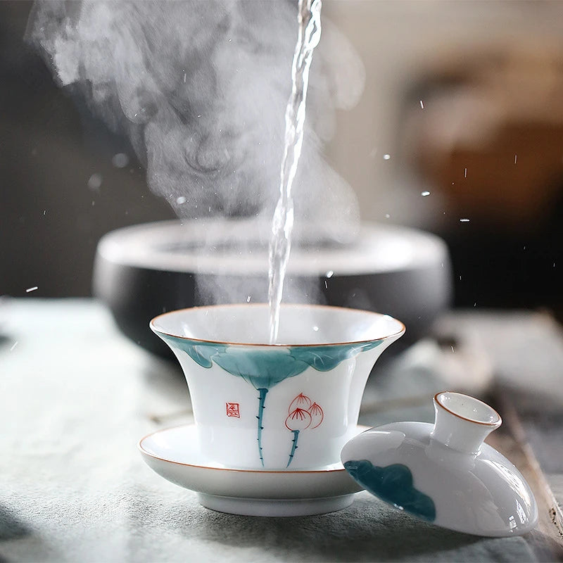 porcelain gaiwan handpainted lotus tureen China Jingdezhen cup saucer bowl under-glaze craft health care lead free bowls