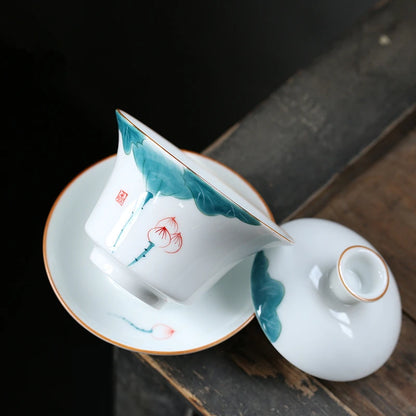 porcelain gaiwan handpainted lotus tureen China Jingdezhen cup saucer bowl under-glaze craft health care lead free bowls