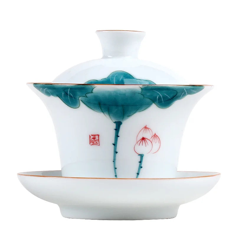 porcelain gaiwan handpainted lotus tureen China Jingdezhen cup saucer bowl under-glaze craft health care lead free bowls