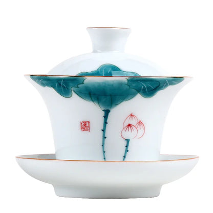porcelain gaiwan handpainted lotus tureen China Jingdezhen cup saucer bowl under-glaze craft health care lead free bowls