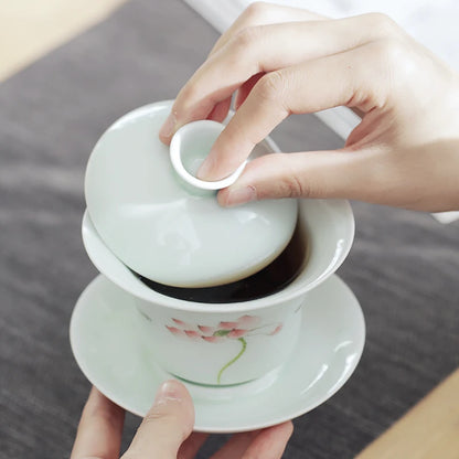 porcelain gaiwan on sales handpainted floral Sancai bowl ceramic tureen cup bowl with cover coaster lid free shipping