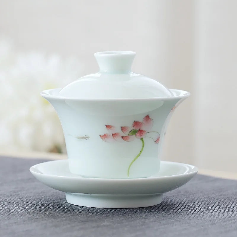 porcelain gaiwan on sales handpainted floral Sancai bowl ceramic tureen cup bowl with cover coaster lid free shipping