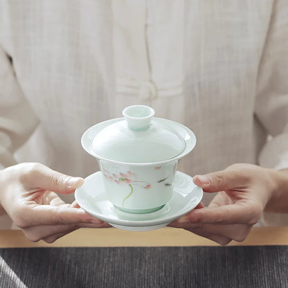 porcelain gaiwan on sales handpainted floral Sancai bowl ceramic tureen cup bowl with cover coaster lid free shipping