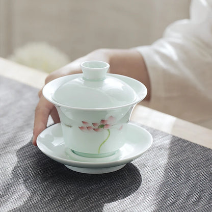 porcelain gaiwan on sales handpainted floral Sancai bowl ceramic tureen cup bowl with cover coaster lid free shipping