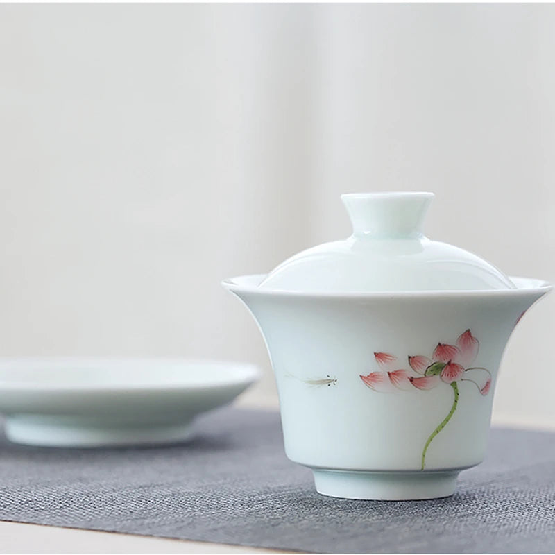 porcelain gaiwan on sales handpainted floral Sancai bowl ceramic tureen cup bowl with cover coaster lid free shipping