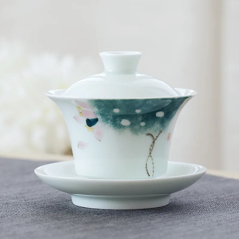 porcelain gaiwan on sales handpainted floral Sancai bowl ceramic tureen cup bowl with cover coaster lid free shipping
