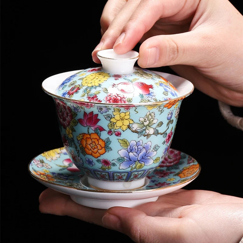 porcelain gaiwan under glaze color enamel craft Jingdezhen ceramic tureen covered bowl with cup saucer lid 200ml