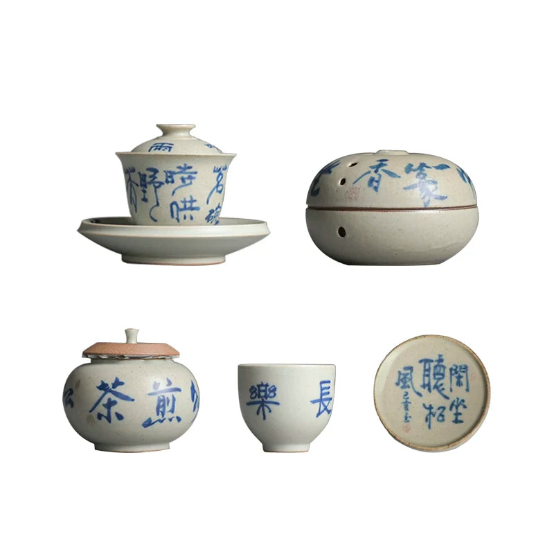 porcelain handmade coarse pottery kung fu tea set porcelain tea calligraphy verse style restoring ancient ways