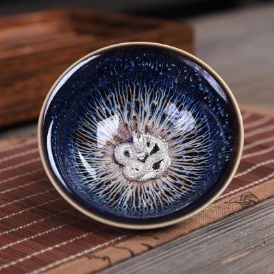 porcelain tea cup kiln change ceramic kungfu cup silver fish crab dragon pheonix carved Chinese cup of tea health for body new