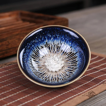 porcelain tea cup kiln change ceramic kungfu cup silver fish crab dragon pheonix carved Chinese cup of tea health for body new