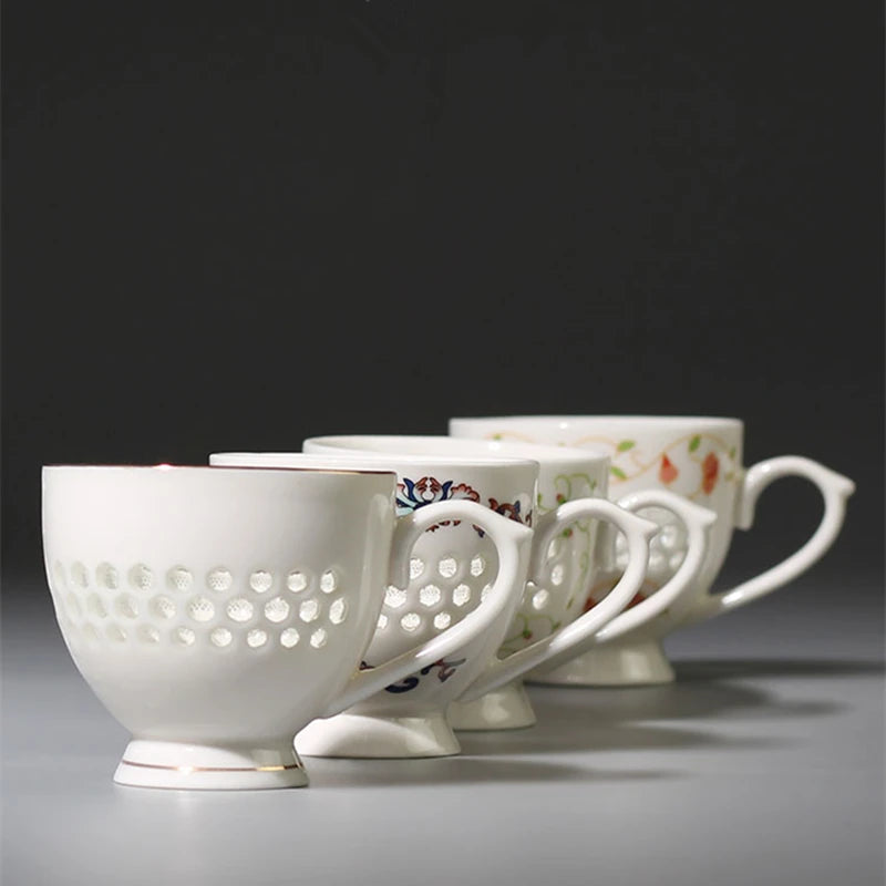 porcelain tea cup with handle Chinese ceramic cup for coffee Green tea 70ml creative hollow-out design cup of tea on sales new