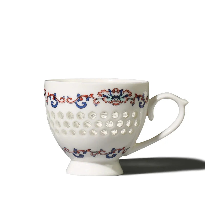 porcelain tea cup with handle Chinese ceramic cup for coffee Green tea 70ml creative hollow-out design cup of tea on sales new
