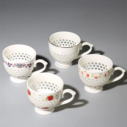 porcelain tea cup with handle Chinese ceramic cup for coffee Green tea 70ml creative hollow-out design cup of tea on sales new