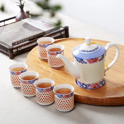 porcelain tea pot + 4 tea cups hollow-out cellular design Chinese kungfu tea set big pots China ceramic brewer coffee cups