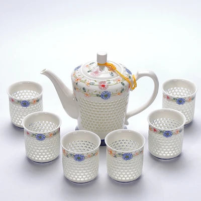 porcelain tea pot + 4 tea cups hollow-out cellular design Chinese kungfu tea set big pots China ceramic brewer coffee cups