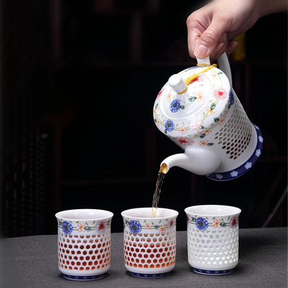 porcelain tea pot + 4 tea cups hollow-out cellular design Chinese kungfu tea set big pots China ceramic brewer coffee cups