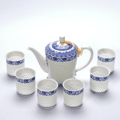 porcelain tea pot + 4 tea cups hollow-out cellular design Chinese kungfu tea set big pots China ceramic brewer coffee cups