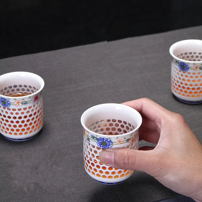 porcelain tea pot + 4 tea cups hollow-out cellular design Chinese kungfu tea set big pots China ceramic brewer coffee cups