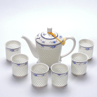 porcelain tea pot + 4 tea cups hollow-out cellular design Chinese kungfu tea set big pots China ceramic brewer coffee cups