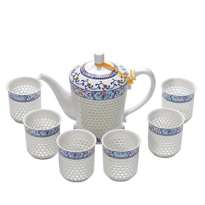 porcelain tea pot + 4 tea cups hollow-out cellular design Chinese kungfu tea set big pots China ceramic brewer coffee cups