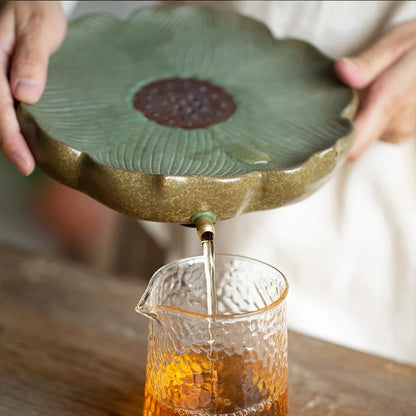 pottery tea tray water draining function reservoir serving trays for tea pot lotus design hand carved table mat for cup gaiwan