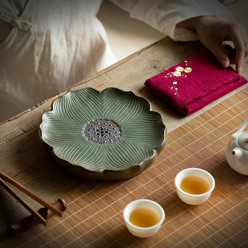 pottery tea tray water draining function reservoir serving trays for tea pot lotus design hand carved table mat for cup gaiwan
