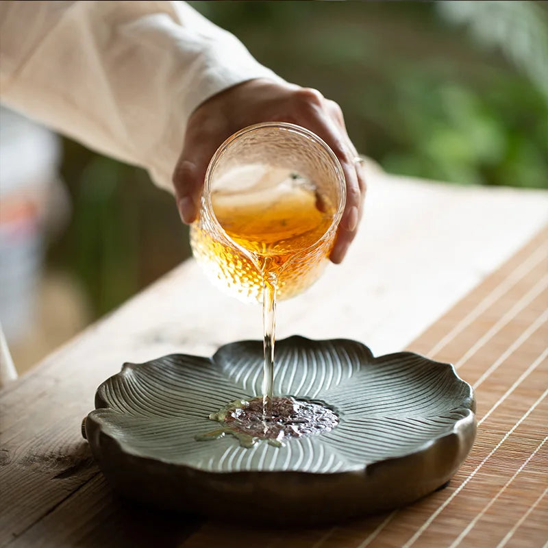 pottery tea tray water draining function reservoir serving trays for tea pot lotus design hand carved table mat for cup gaiwan