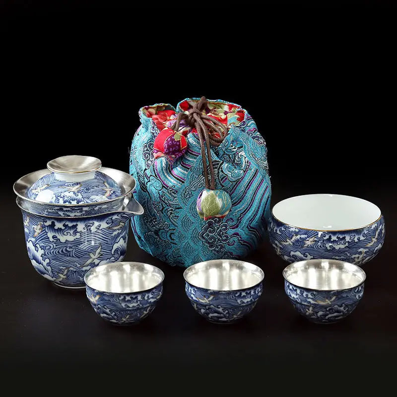 pure silver tea set 999 sterling silver pot with lid portable bag porcelain cup for travel handmade craft complete teasets China