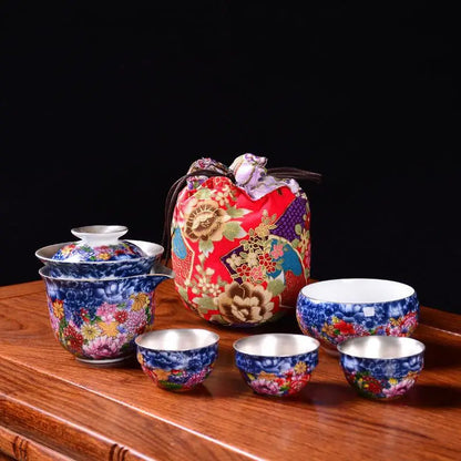pure silver tea set 999 sterling silver pot with lid portable bag porcelain cup for travel handmade craft complete teasets China