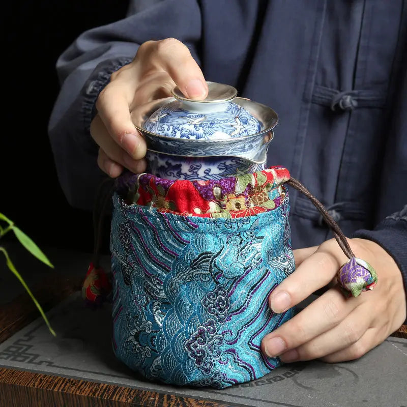 pure silver tea set 999 sterling silver pot with lid portable bag porcelain cup for travel handmade craft complete teasets China