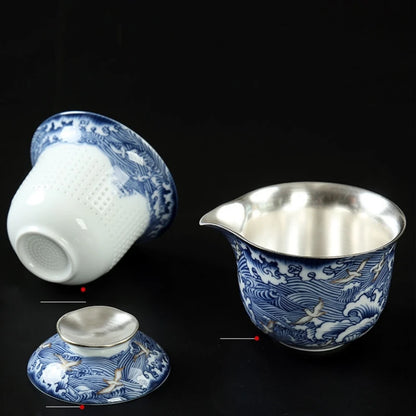 pure silver tea set 999 sterling silver pot with lid portable bag porcelain cup for travel handmade craft complete teasets China