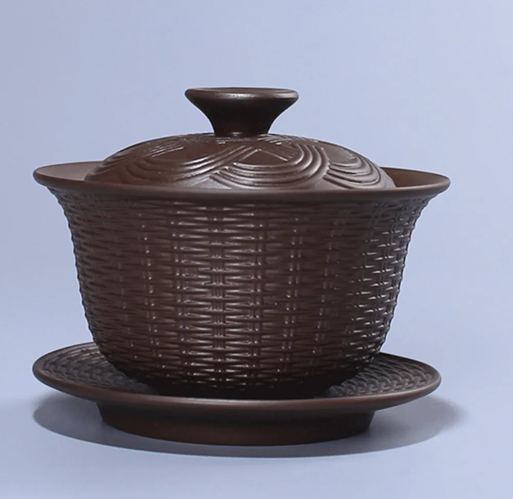 Weave Gaiwan Purple Clay Tea Tureen Handmade Health Zisha Teaware Office Ceremony Puer Oolong Tea Teapots Big Tea Bowl