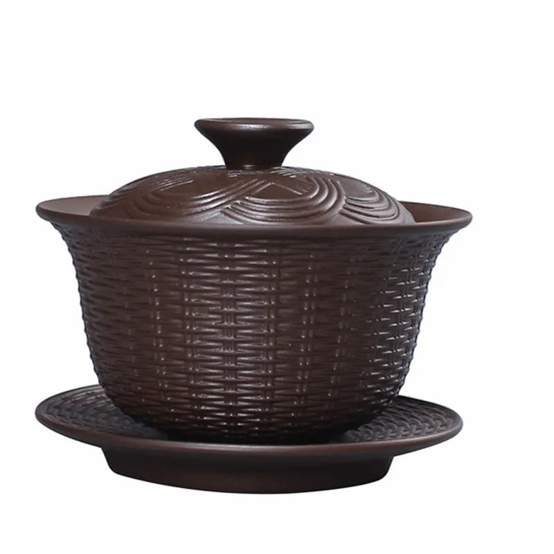 Weave Gaiwan Purple Clay Tea Tureen Handmade Health Zisha Teaware Office Ceremony Puer Oolong Tea Teapots Big Tea Bowl