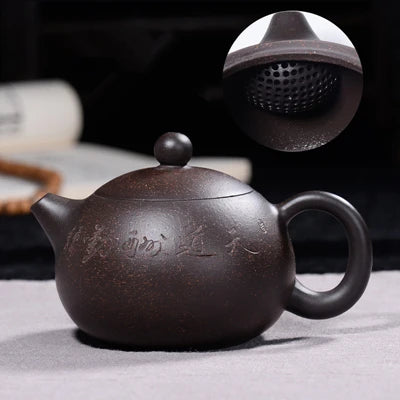 real yixing zisha tea pot + 2 tea cups marked xishi pot handmade carved Chinese characters ball-shaped infuser holes pot of tea
