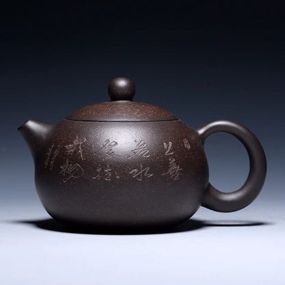 real yixing zisha tea pot + 2 tea cups marked xishi pot handmade carved Chinese characters ball-shaped infuser holes pot of tea