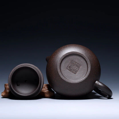 real yixing zisha tea pot + 2 tea cups marked xishi pot handmade carved Chinese characters ball-shaped infuser holes pot of tea
