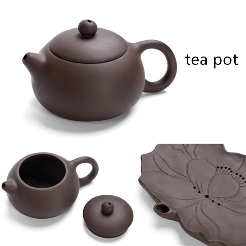 real yixing zisha tea set in Chinese kungfu tea sets purple clay tea pot cup reservoir tea tray plate lotus design carved China