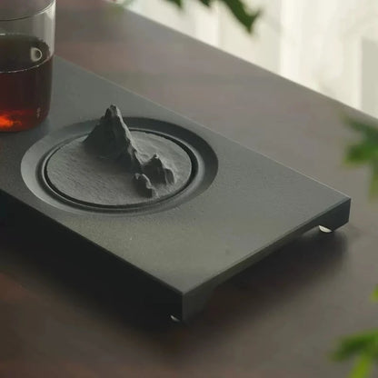 rectangle weighted black stone tea tray mountain statue decoration China serving table handmade Zen style tea boat L60cm*W20cm