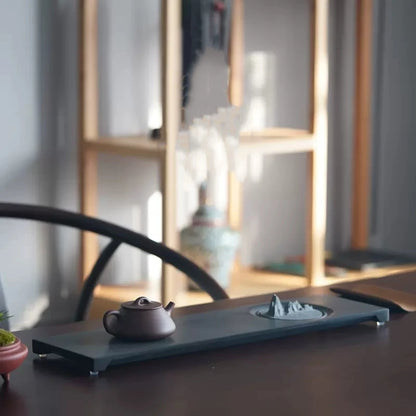 rectangle weighted black stone tea tray mountain statue decoration China serving table handmade Zen style tea boat L60cm*W20cm