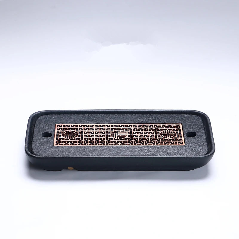 reservoir tea tray heavy black stone tea table water draining pipe outlet Chinese stone tea plate serving tray small for pot cup