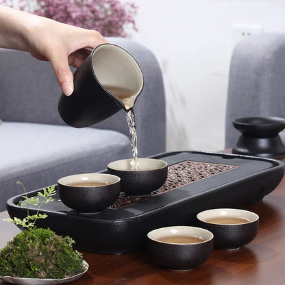reservoir tea tray heavy black stone tea table water draining pipe outlet Chinese stone tea plate serving tray small for pot cup