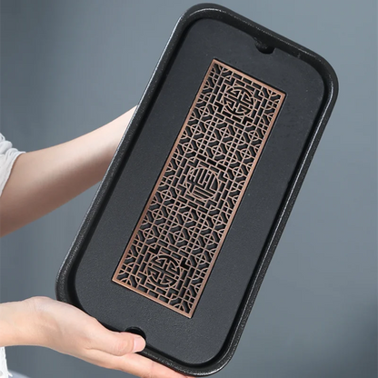 reservoir tea tray heavy black stone tea table water draining pipe outlet Chinese stone tea plate serving tray small for pot cup