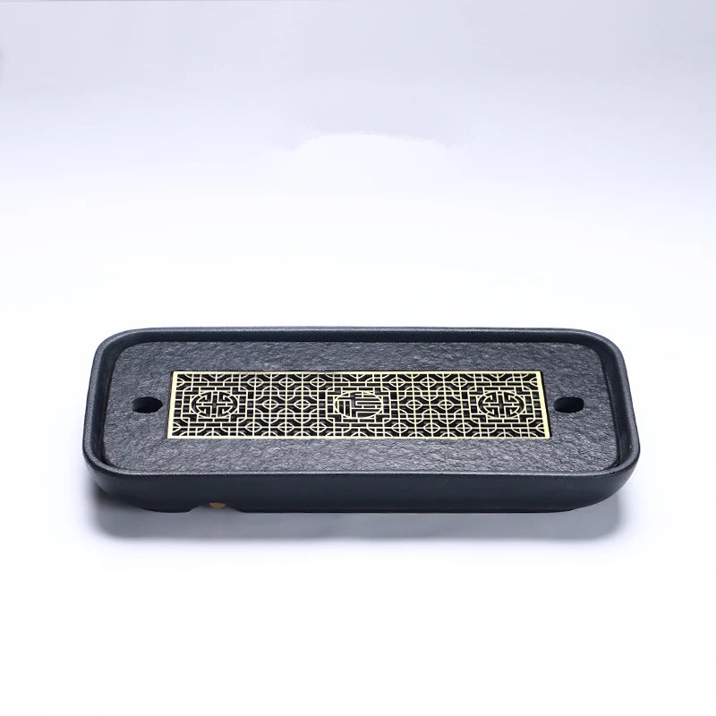 reservoir tea tray heavy black stone tea table water draining pipe outlet Chinese stone tea plate serving tray small for pot cup