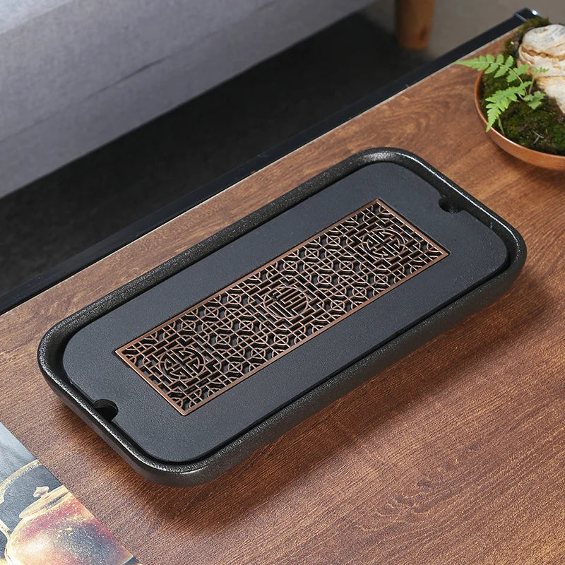 reservoir tea tray heavy black stone tea table water draining pipe outlet Chinese stone tea plate serving tray small for pot cup