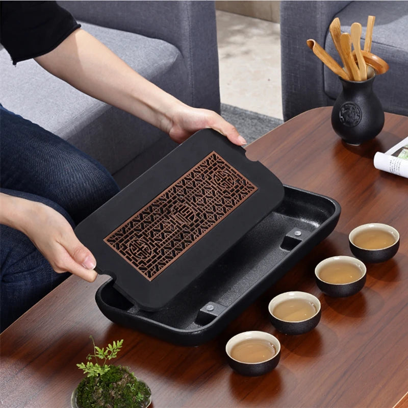 reservoir tea tray heavy black stone tea table water draining pipe outlet Chinese stone tea plate serving tray small for pot cup
